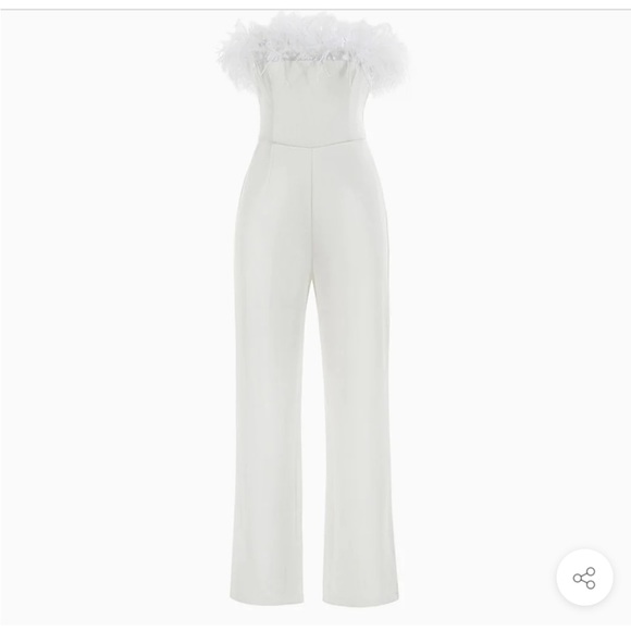 UNIQUE FEATHER TRIM STRAPLESS WIDE LEG JUMPSUIT - WHITE - Picture 1 of 11